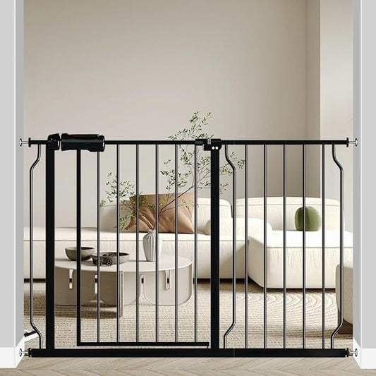 Fairy Baby Walk Through Baby Gate 43.5-48 Inch Wide, Pressure Mounted Safety Gate with Door No Drill, Black Tension Metal Gate for Dog and Toddler-PawvioPets