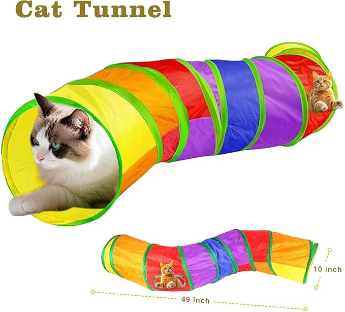 21-Piece Cat Toys Set, Interactive Tunnel, Balls, Mice, Feather Wands, Catnip Toys(Rainbow Cat Tunnel)-PawvioPets