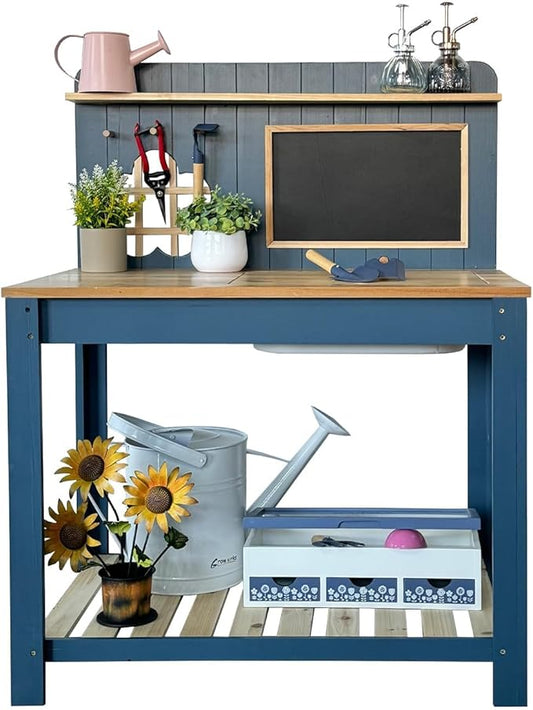 Kids Potting Bench Table Garden Workbench Outdoor Kids Garden Double-Layer Planting Table with Drawing Board Removable Sink,Wood Outdoor Play Kitchen for Toddlers,Backyard and Porch Blue-PawvioPets
