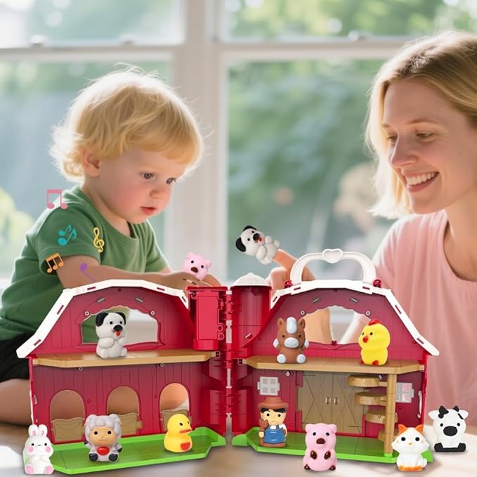 Big Musical Red Barn Toy Farm Animal Finger Puppets for 1 2 3 4 5 Years Old, Animal Figures Playset with Farm Tails Baby Book, Sensory Learning Toys Gift for Toddlers Boys Girls-PawvioPets