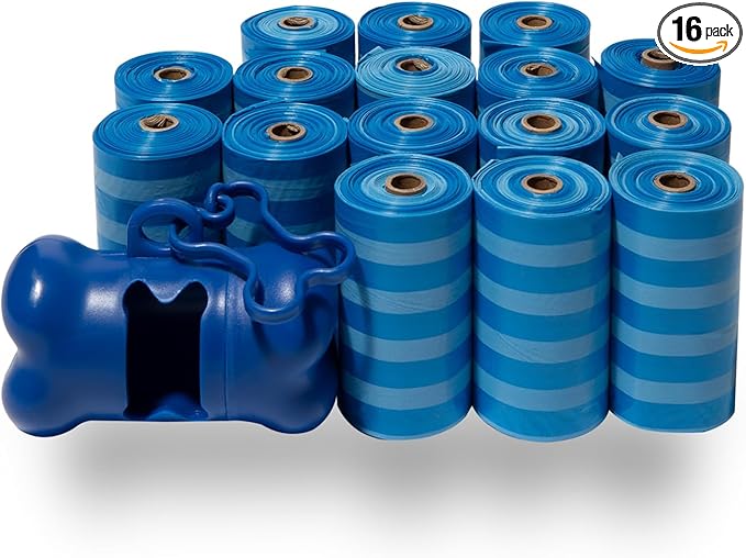 Best Pet Supplies Dog Poop Bags (240 Bags) for Waste Refuse Cleanup, Doggy Roll Replacements for Outdoor Puppy Walking and Travel, Leak Proof and Tear Resistant, Thick Plastic - Blue Strips-PawvioPets