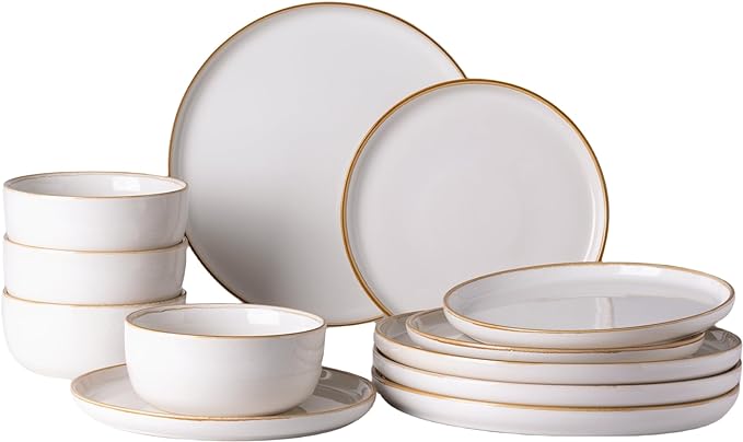 GBHOME Ceramic Dinnerware Sets for 4, 12 Pieces Stoneware Plates and Bowls Sets, Scratch Resistant Dishes, Dishwasher & Microwave Safe, Reactive Glaze-White-PawvioPets