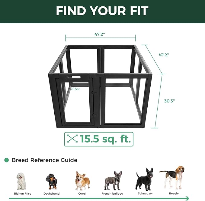 FXW AuraSpace Acrylic Indoor Unleashed Dog Playpen for Small and Medium Dogs, 30 Inch, 8 Panels, Black-PawvioPets