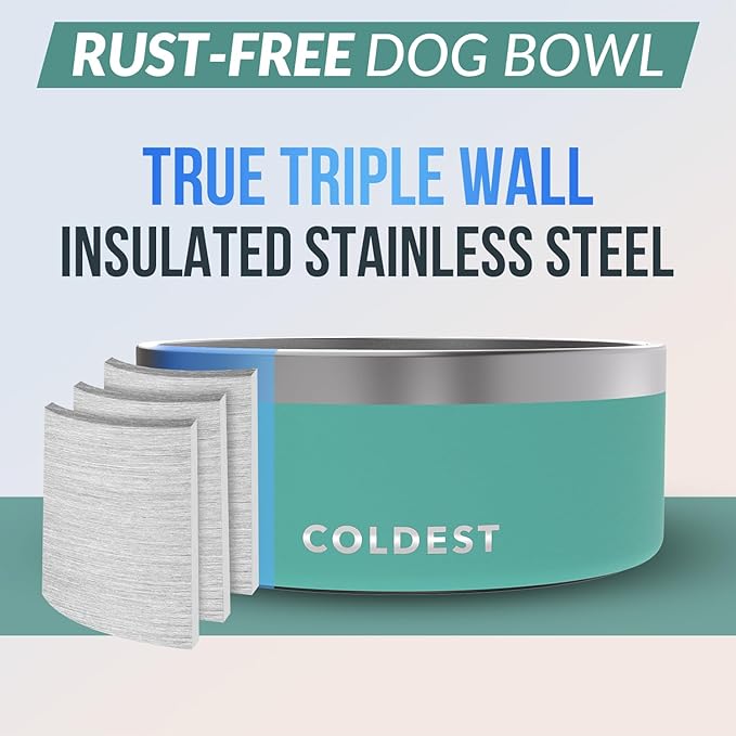 Coldest Dog Bowl - Anti Rust Metal, Non Slip, 3 Layers Insulated Stainless Steel Dog Bowls - Spill Proof & Heavy Duty - Water Bowl for Dogs, Cats & Pets, Dish Washer Safe (100 oz, Terraform Green)-PawvioPets