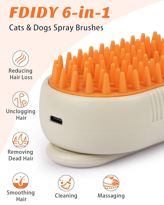 6 in 1 Cat Steam Brush for Shedding, Portable Anti-Static Grooming Comb for Cats & Dogs, Steam Misting Water Brush, Self-Cleaning Pet Hair Remover, Indoor Cat Spray Brushes for Cats & Dogs-PawvioPets