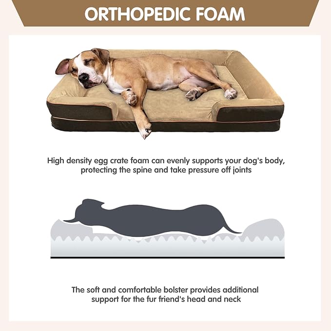 Dog Beds for Large Sized Dogs,Washable Orthopedic Memory Foam Dog Couch Sofa Bed with Bolster,Removable Cover,42x30Inch,Brown-PawvioPets