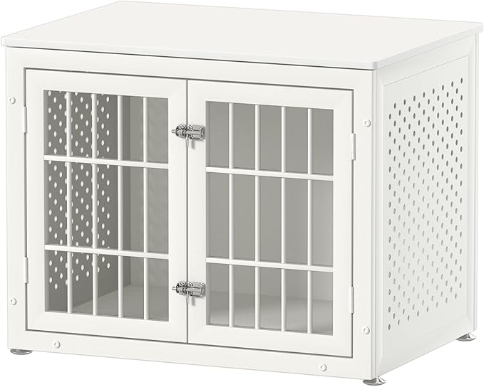 32" Heavy Duty Dog Crate Furniture for Small and Medium Dogs, Metal Kennel for High Anxiety Dogs, Chew Proof Pet Cage Indoor, Decorative Dog Kennel End Table, White-PawvioPets