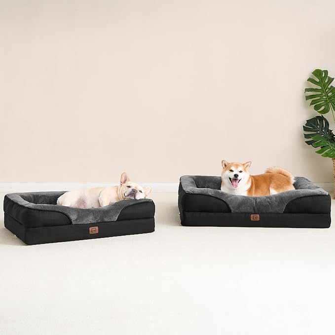EHEYCIGA Memory Foam Dog Bed for Large Sized, Orthopedic Dog Sofa with Sides and Waterproof Liner, Washable Bolster Pet Bed Couch with Removable Cover, 36x27x7 Inch, Grey/Black-PawvioPets