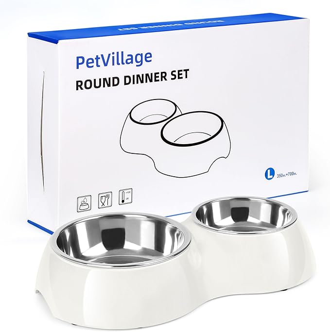 Elevated Dog Bowls Set - Non-Slip Raised Pet Feeder with Medium (10 oz) & Large (20 oz) Stainless Steel Bowls - Includes Durable Resin Stand for Puppies, Adult Dogs & Cats - White-PawvioPets