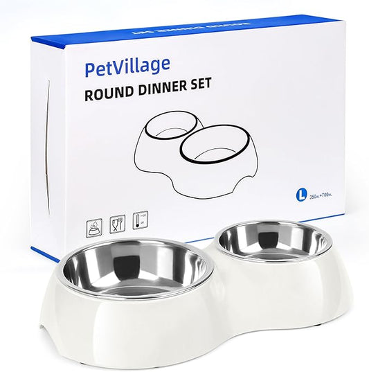 Elevated Dog Bowls Set - Non-Slip Raised Pet Feeder with Medium (10 oz) & Large (20 oz) Stainless Steel Bowls - Includes Durable Resin Stand for Puppies, Adult Dogs & Cats - White-PawvioPets