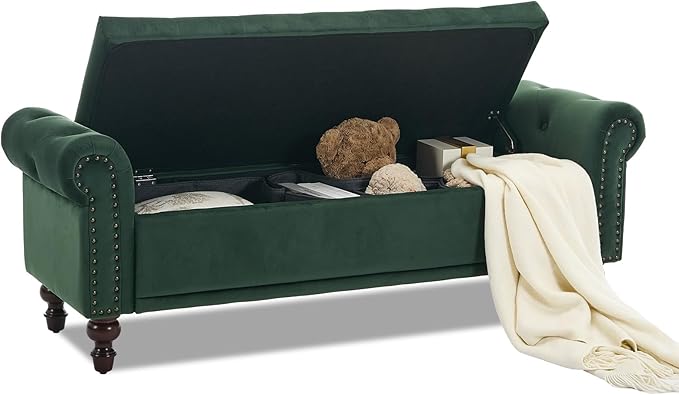 58.1'' Storage Bench Upholstered Velvet End of Bedroom Bed Bench Ottoman with Tufted Cushioned Rolled Arm Large Storage Space for Reading Living Room Entryway,Dark Green-PawvioPets