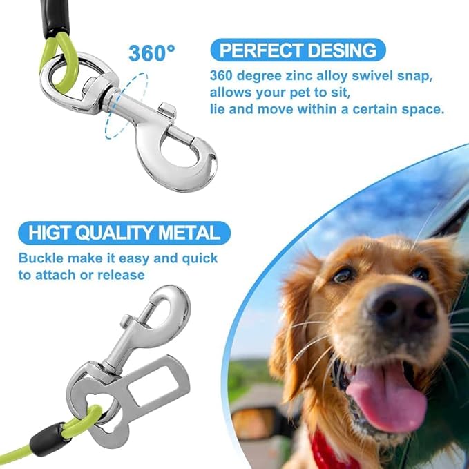 Dog Seat Belt Harness for Car,Dog Seatbelt of Coated Wire Leash Safety Restraint,No Chew Tether Cable Vehicle,Double Clips & Latch(Green, 24 inch/60 CM)-PawvioPets