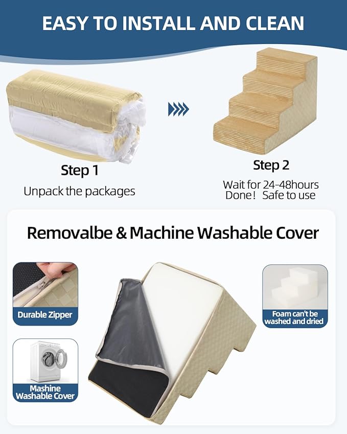 Dog Stairs for Small Dogs,17.5" H,4-Step Dog Steps for Bed and Couch with High Density Foam,Non-Slip Pet Steps for Doggy and Cat,Pet Stairs with a Washable Cover,Khaki-PawvioPets