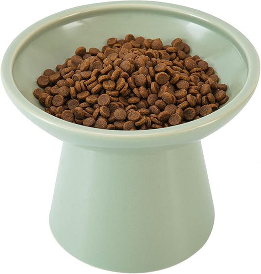 Extra Wide Elevated Ceramic Cat Food Bowl - 6.2" Shallow Dish for Whisker Fatigue Relief, 5" Height for Easy Feeding, Lead & Cadmium Free, Durable Raised Cat Food Bowls, Sage Green-PawvioPets