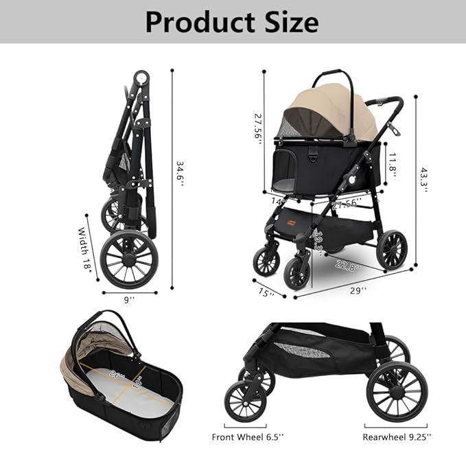 Dog Cat Stroller, Foldable 4 Wheels Dog Stroller for Small Medium Dogs 20 lbs,Pet Strollers for Large Dogs 50lbs, Stable Anti-Shock Detachble Carrier,with 360°Swiveling Front Wheel forTravel-PawvioPets
