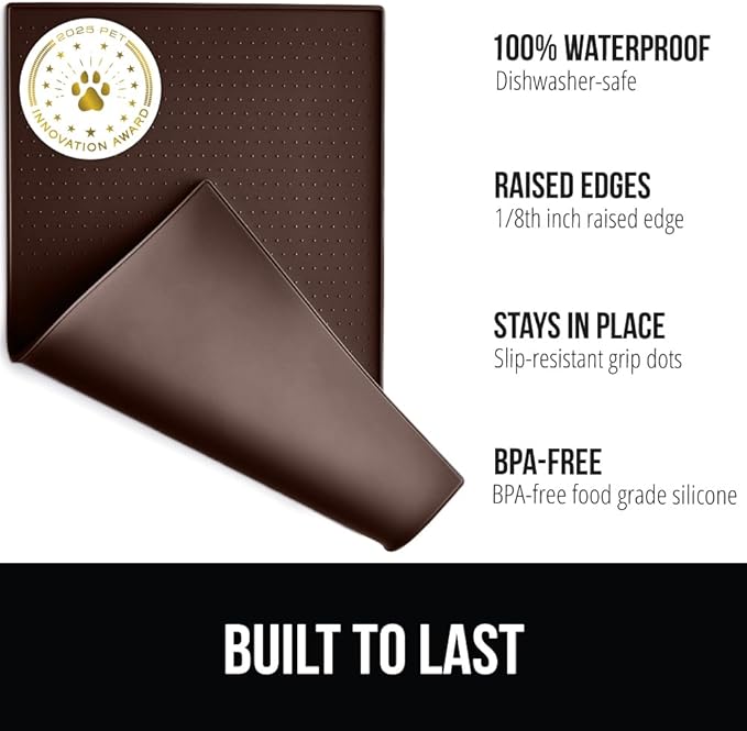 GORILLA GRIP 100% Waterproof Raised Edge BPA Free Silicone Pet Feeding Mat, Dog Cat Food Mats Contain Spills Protects Floors, Placemats for Cats and Dogs Water Bowl, Pets Accessories 16x10, Brown-PawvioPets