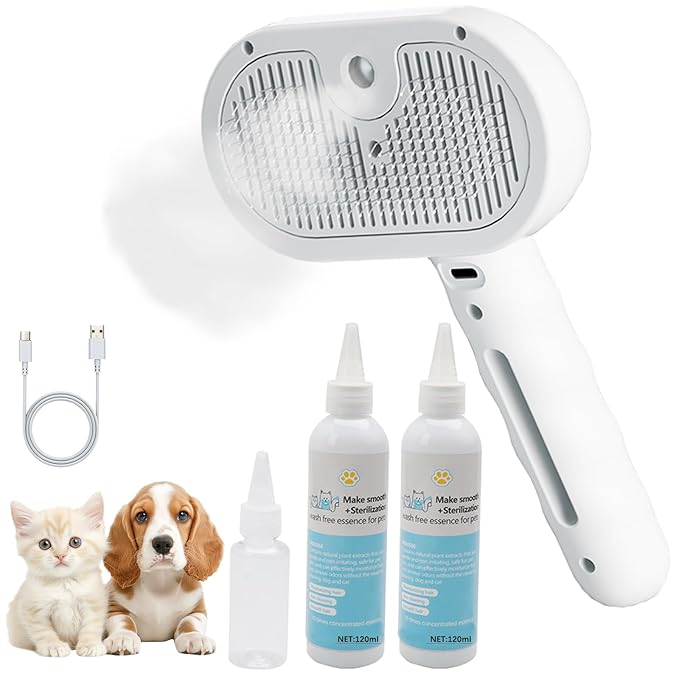 Cat Steam Brush for Shedding– 4-in-1 De-Shedding, Steam Spray, and Self-Cleaning Grooming Tool – Ideal for Long and Short-Haired Pets– Includes 2 Bottles of 120 mL Waterless Shampoo(White)-PawvioPets