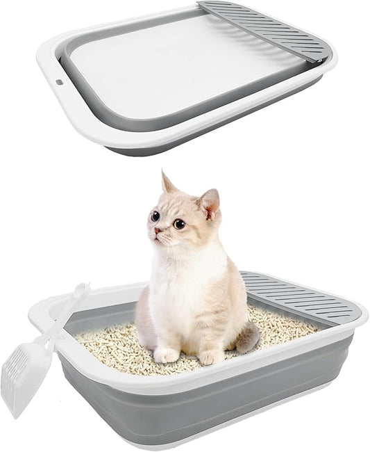 BNOSDM Collapsible Small Cat Litter Box for Kittens Open Potty Pan Foldable Cat Toilet with Scoop Senior Kitty Travel Shallow Litters Boxes Anti-Splash Waterproof Grey 17.7"×13.4"-PawvioPets