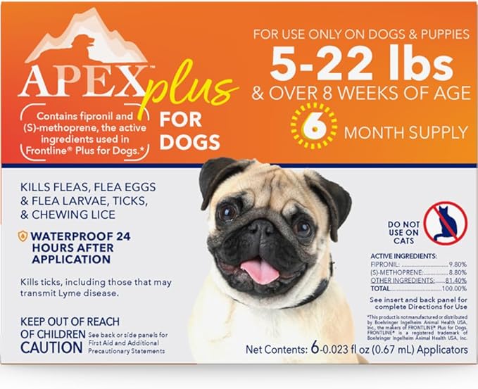 Apex Plus Flea and Tick Prevention for Dogs | Small (5-22 lbs) | 6-Month Supply | Dog Flea and Tick Treatment | 24-Hour Activation, Waterproof, 30-Day Protection-PawvioPets