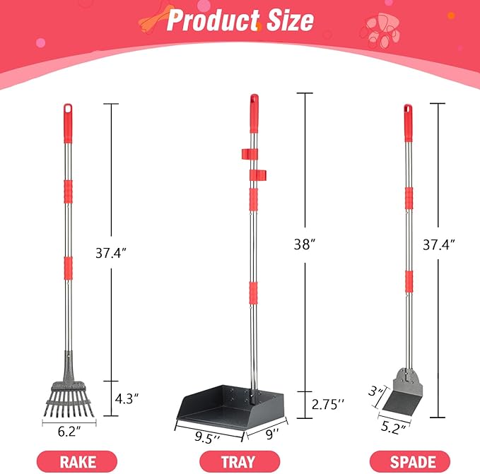 Dog Pooper Scooper Set, Pooper Scooper for Dog, Heavy Duty Stainless Steel Rake with Extra Large Tray & Spade No Bending Clean Up for Pet Waste Removal, for Grass, Dirt Or Gravel.-PawvioPets