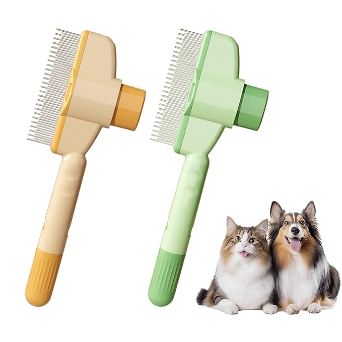 2-Pack Pet Hair Removal Comb & Flea Comb with Release Button for Cats & Dogs - Grooming Brush for Short/Long Hair Green & Yellow-PawvioPets