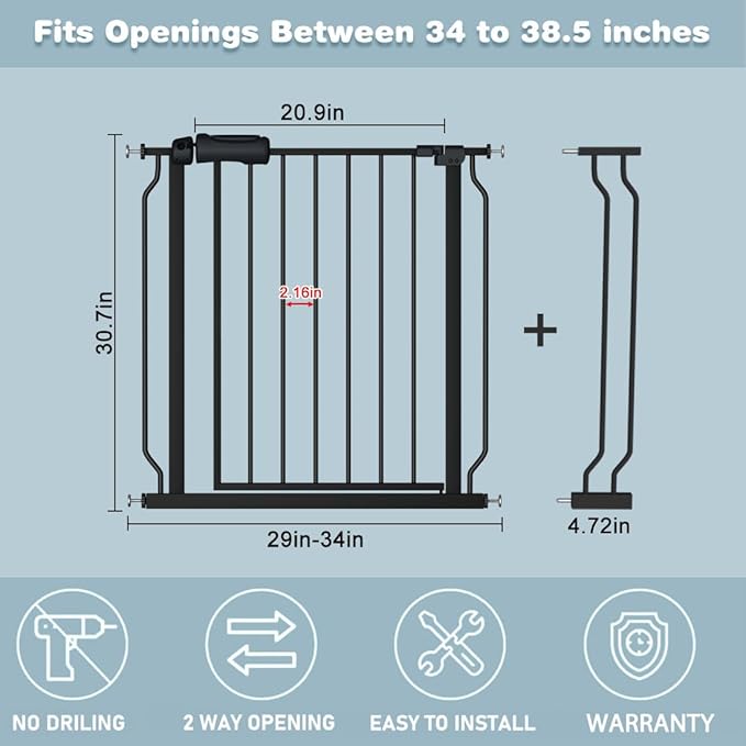 Extra Wide Baby Gate Black 34-38.5 Inch Wide Walk Through Pressure Mounted No Drill Long and Large Tension Metal Gate for Dog and Toddler-PawvioPets