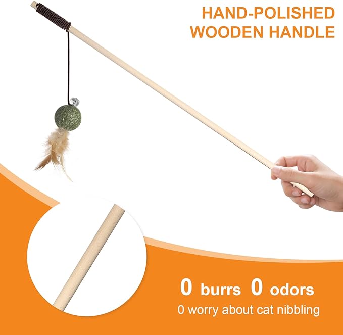 Cat Feather Toys with Catnip Ball, Feathers & Bell - 2 Replaceable Mouse Heads, Elastic Rope & Wooden Handle for Aggressive Kittens, Durable Bite-Proof Interactive Cat Teaser for Indoor Play-PawvioPets