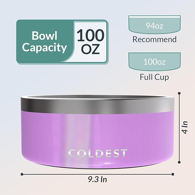 Coldest Dog Bowl - Anti Rust Metal, Non Slip, 3 Layers Insulated Stainless Steel Dog Bowls - Spill Proof & Heavy Duty - Water Bowl for Dogs, Cats, Dish Washer Safe (100 oz, Saturns Purple Glitter)-PawvioPets