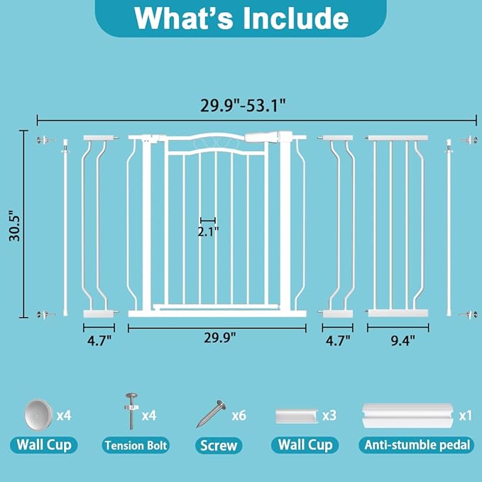 Extra Wide Baby Gate for Doorways 29.9"-53.1", Pressure Mounted Dog Gates With Door, Child Safety Barrier Walk Thru Indoor, Large Babygate Long for Kids Toddler Pet Outside, 30 In Tall White-PawvioPets