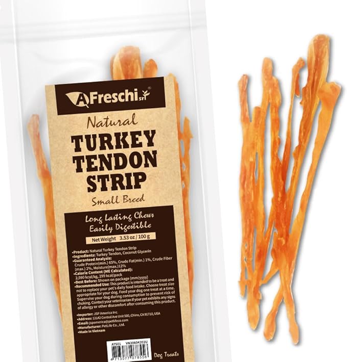 Afreschi Turkey Tendon Dog Treats, Strip 3.53 oz, USA Sourced Turkey, All Natural Human Grade Puppy Chew, Hypoallergenic, Rawhide Alternative, for Small Breeds-PawvioPets