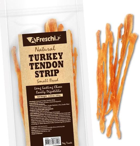 Afreschi Turkey Tendon Dog Treats, Strip 3.53 oz, USA Sourced Turkey, All Natural Human Grade Puppy Chew, Hypoallergenic, Rawhide Alternative, for Small Breeds-PawvioPets