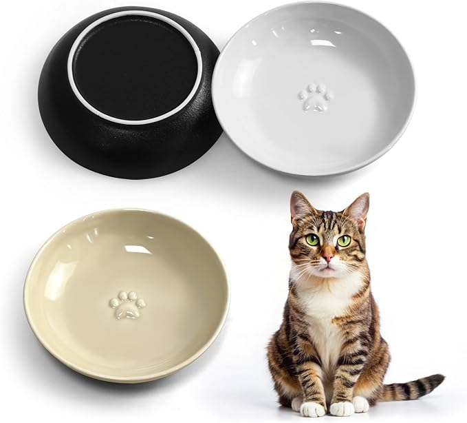 3PCS Cat Food Bowl,Ceramic Cat Dish for Indoor Cats,Wide Shallow Cat Bowls for Dry and Wet Food,Anti Whisker Fatigue Cat Plates for Kitten Cats or Dogs-PawvioPets