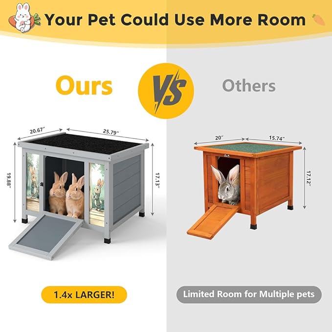 COZIWOW 24in Wooden Cat House Outdoor & Indoor Pet Shelter with Foldable Ramp - Weatherproof Rabbit Hutch with Unique Machine-Printed Art Designs for Cat, Rabbit, Guinea Pig (Grey)-PawvioPets