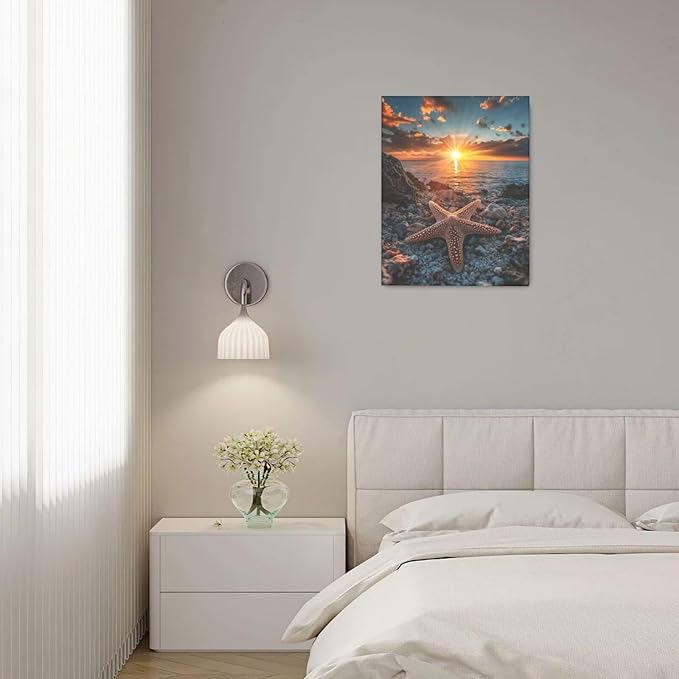 Beach Starfish Wall Decor Ocean Starfish Wall Art Sunset Scenery Coastal Theme Pictures Canvas Nature Seascape Painting Print Framed Artwork Decorations for Home Bathroom Living Room Bedroom Office 16"x20"-PawvioPets