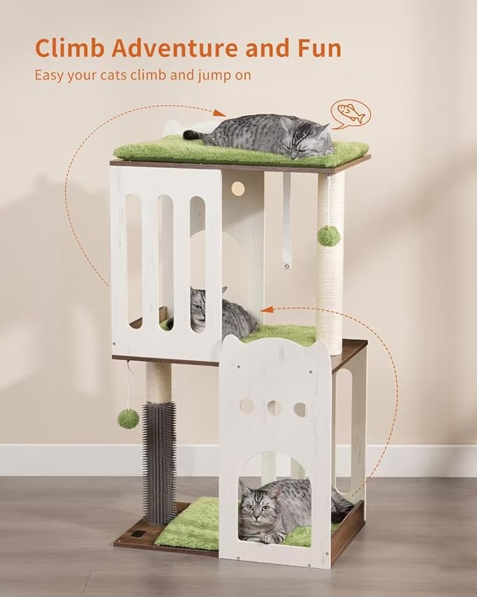 FourFurPets 43.7in 3-Tier Modern Cat Tree Tower Condo, Cat Scratch Posts for Indoor Cats, Big Plate, Two 19.7in Full Sisal Scratching Posts, White-PawvioPets