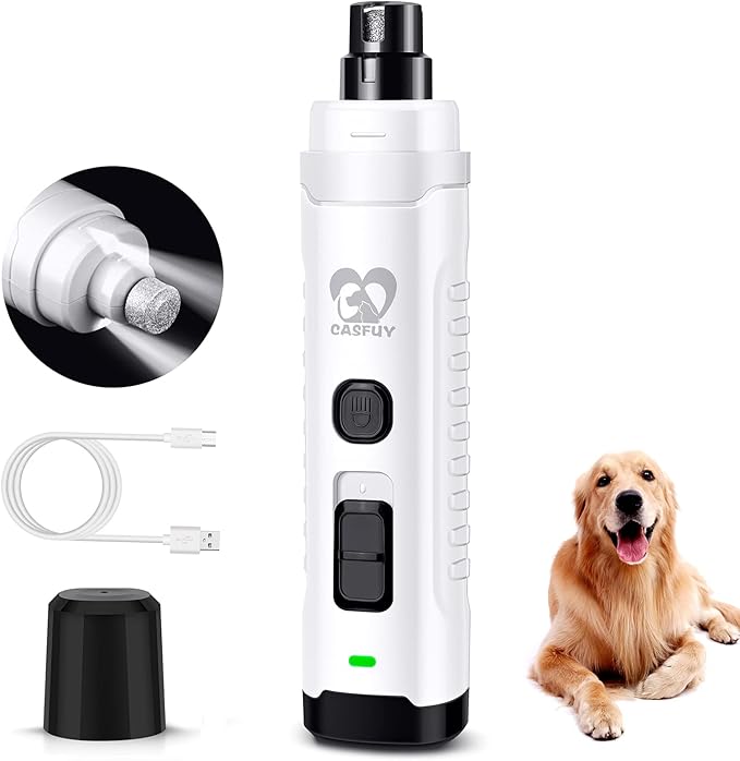 Casfuy Dog Nail Grinder with 2 LED Light for Large Medium Small Dogs - 3X More Powerful 2-Speed Electric Pet Nail Trimmer Rechargeable Quiet Painless Paws Grooming & Smoothing Tool (White)-PawvioPets