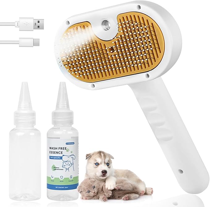 4-in-1 Pet Steam Brush for Dog & cat brush for shedding，Spray Hair Removal Comb with Waterless Shampoo–Self-Cleaning Pet Grooming Tool for Shedding, Anti-Static & Skin-Friendly Design-PawvioPets
