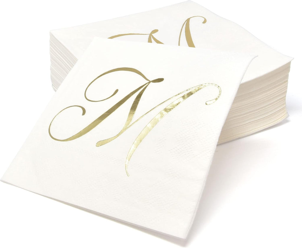 Gift Boutique 100 Gold Monogram Cocktail Napkins Letter M Disposable Paper Pack Elegant Metallic Golden Foil Hand Napkin for Powder Room Wedding Holiday Birthday Party Baby Shower Decorative Towels