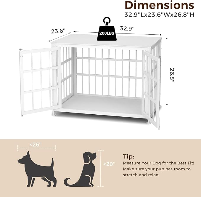 32 Inch Heavy Duty Wooden Dog Kennel End Table with Double Door Design and Secure Locks, Indoor Pet Crate Furniture for Medium Dogs, Decorative Home Cage Design,White-PawvioPets