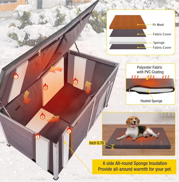 Aivituvin Large Dog House with Insulated Liner for Outdoor, Waterproof Outsides Heated Dog Kennel for Small Medium Large Dog with All-Around Iron Frame-PawvioPets