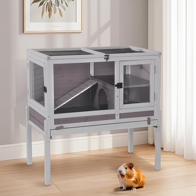Aivituvin 2-Story Rabbit Hutch with Anti-Chew Ramp & Zinc Sheet - 36.6" Indoor Guinea Pig Cage, Wooden Stand, Pull-Out Tray & Leakproof Floor (Grey)-PawvioPets