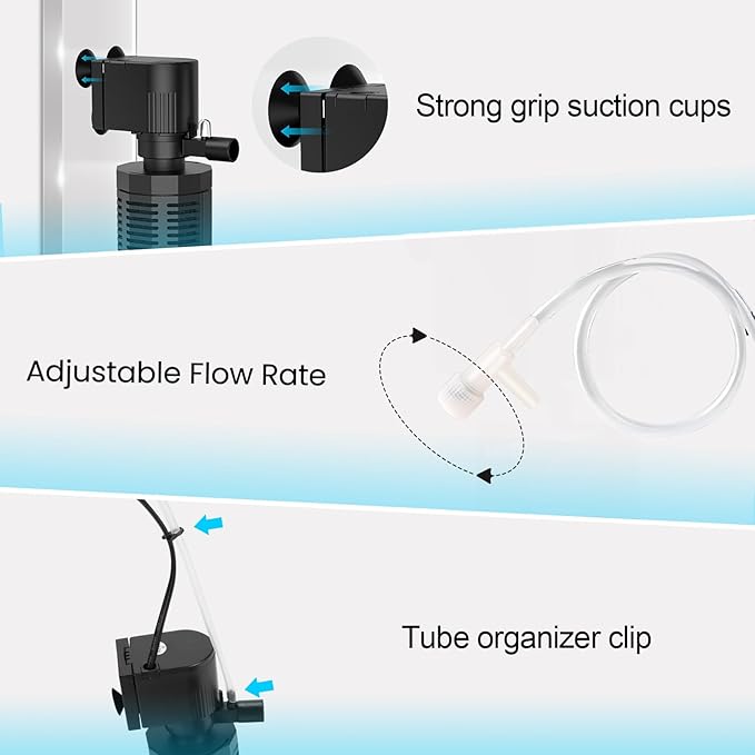 Aquarium Filter for 60-150 Gallons - Adjustable Flow Fish Tank Filters 420GPH Ultra-Quiet Submersible Power Pump Internal Filter with Biochemical Filtration Air Supply Water Clean-PawvioPets