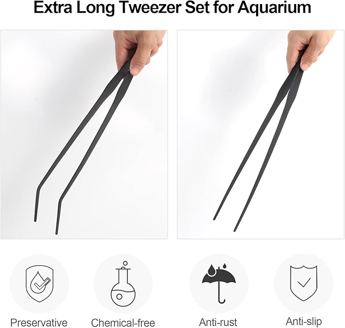Aquarium Tweezers Extra Long 15 inches Feed Tong Clamps - FEITA Straight and Curved Stainless Steel 38cm Tweezers Set for Fish Tank Plants Aquascape Tools & Reptile Feeding Tongs - Black 2Pcs-PawvioPets