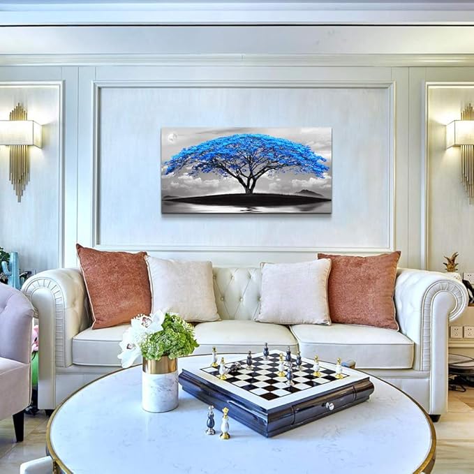 canvas wall art for living room bathroom Wall Decor Black and white landscape Blue tree moon painting to Hang Home Decorations for office bedroom kitchen Works canvas Prints pictures 24" x 48"inch-PawvioPets