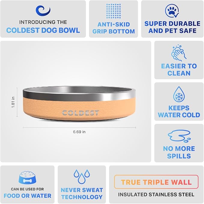 Coldest Dog Bowl - Anti Rust Metal, Non Slip, 3 Layers Insulated Stainless Steel Dog Bowls - Spill Proof & Heavy Duty - Water Bowl for Dogs, Cats & Pets, Dish Washer Safe (21 oz, Sahara Tan)-PawvioPets