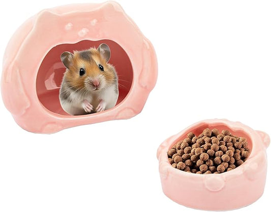 Bear-Shaped Hamster Hideout & Food Bowl Set - Ceramic Habitat for Syrian Dwarf Hamsters, Mice, Gerbils - All-Season Use, Chew-Proof Ceramic House and Feeding Dish for Small Pets(Pink)-PawvioPets