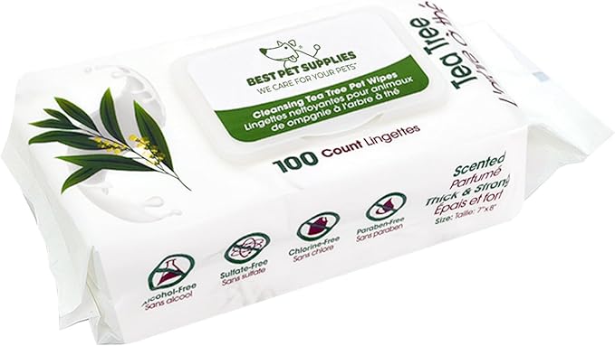 Best Pet Supplies Pet Wipes for Dogs - Dog Wipes Cleaning Deodorizing, for Coats, Ears, Paws - Cleansing Tea Tree, 100 Count-PawvioPets