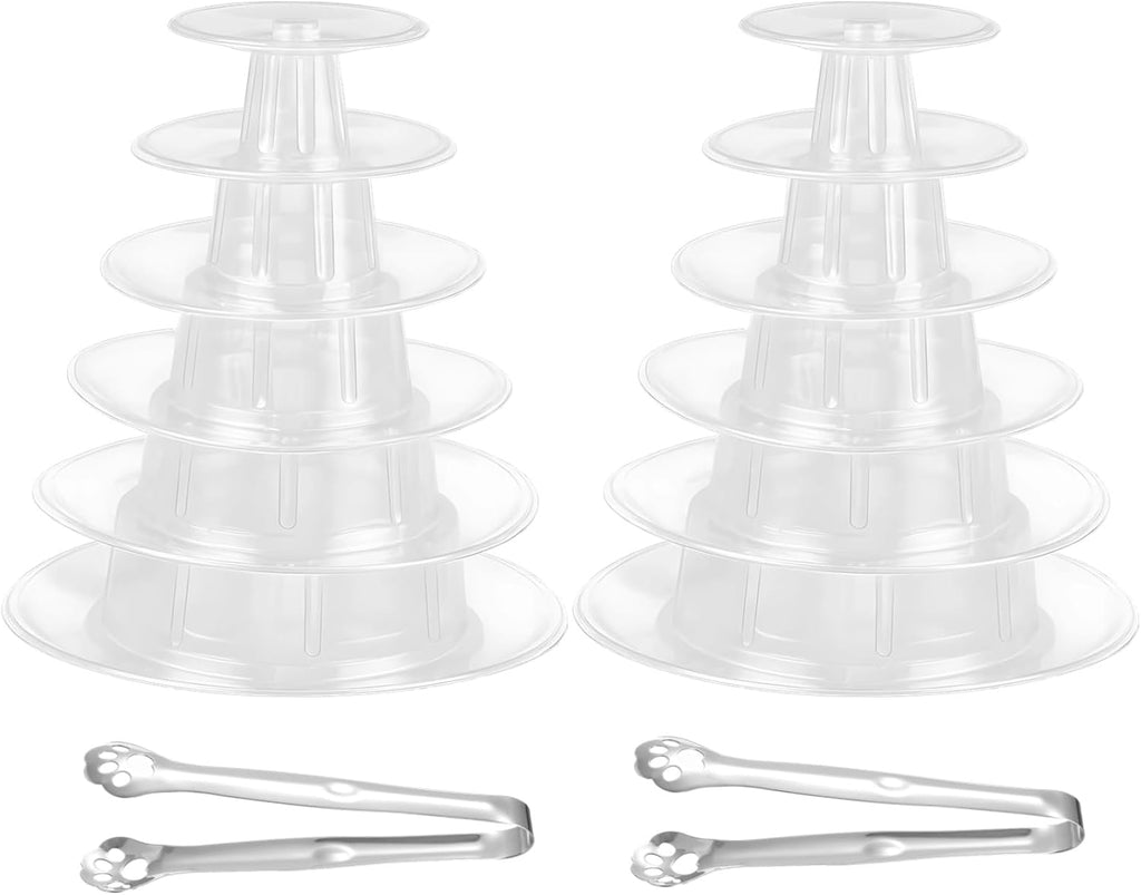 OMISTAR 2 PCS 6-Tier Clear Macaron Display Stands, Plastic Macaron Tray Tower with Stainless Steel Serving Tongs, Transparent Cupcake Dessert Stand for Weddings, Birthday Parties, Bakeries