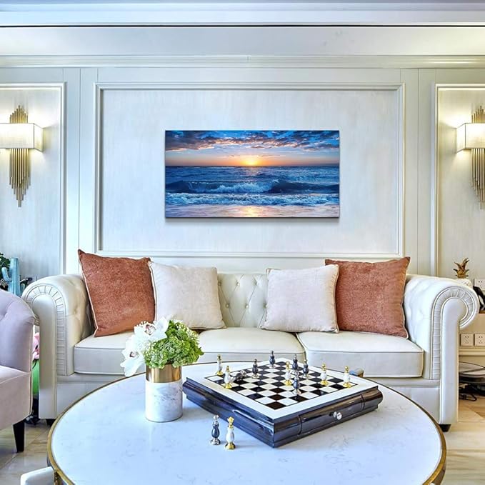 Canvas wall art for living room Blue Ocean Sea sun landscape painting bathroom Wall Decor Ready to Hang for Home Decorations office family bedroom kitchen Works canvas Prints pictures 30" x 60"inch-PawvioPets