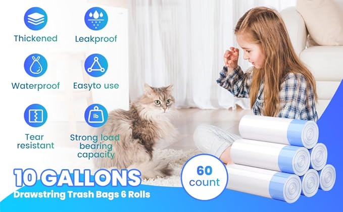 60 Pack Large Cat Litter Bags - 3MIL Extra Thick Leakproof Litter Box Liners, 31"x18" Heavy Duty Drawstring Cat Litter Liners for Automatic Litter Box, Odor Control Disposable Kitty Litter Bags 6 Roll-PawvioPets